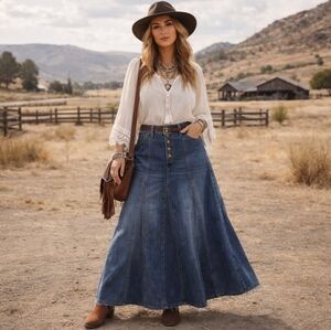 Boho Western Denim Maxi Skirt S Modern Button Fly Flowy Hem Coastal Casual EUC